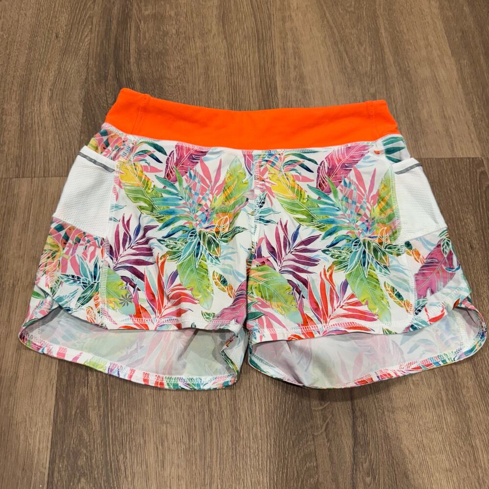 Athleta Girl Orange White Palm Print Running Shorts Attached Liner Size 14/XL